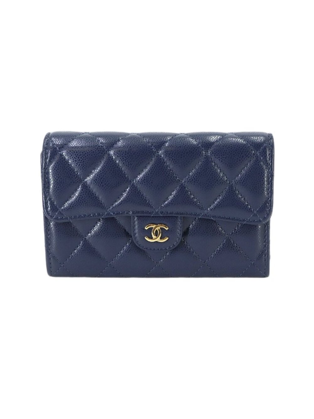 Chanel Quilted Medium Flap Wallet Trifold Caviar Leather Navy